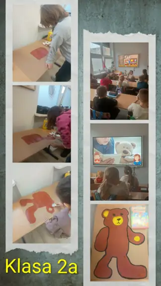 Zbiór zdjęć jak uczniowie klasy 2a malują misia oraz oglądają film edukacyjny o Dniu Pluszowego Misia