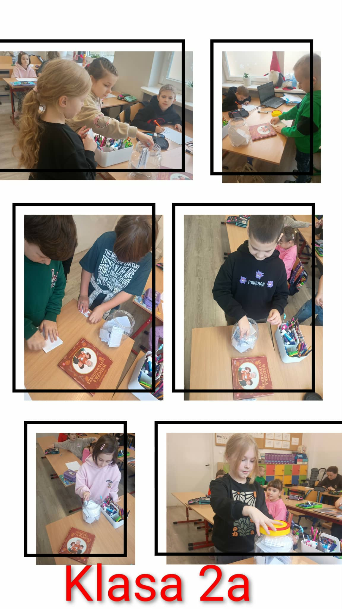 Kolaż ze zdjęć na którym uczniowie klasy 2a wkładają napisane przez siebie listy do klasowej kapsuły czasu