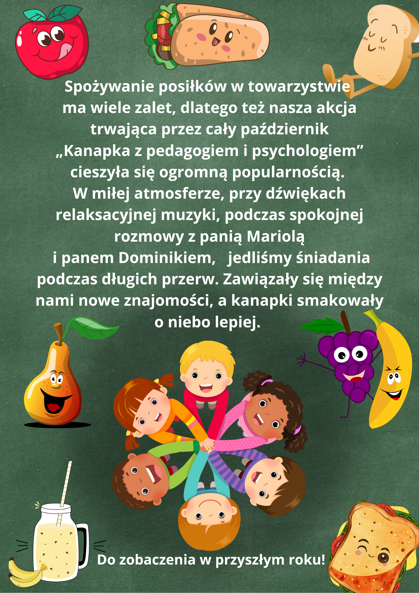 Plakat podsumowujący  akcję spędzania przerw z psychologiem i pedagogiem.