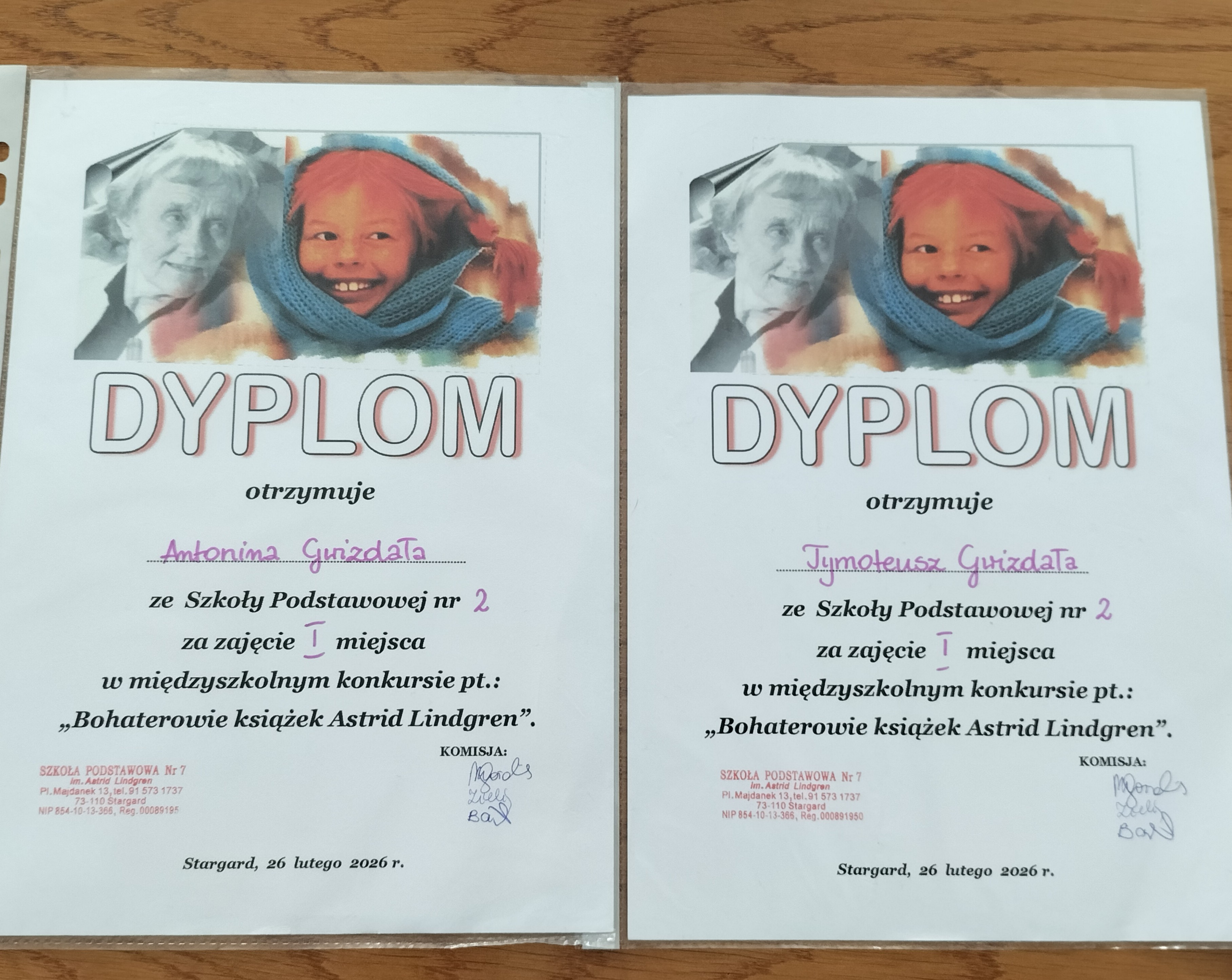Dyplomy zwycięzców w Międzyszkolnym Konkursie Twórczości Astrid Lindgren - Antosi z kl