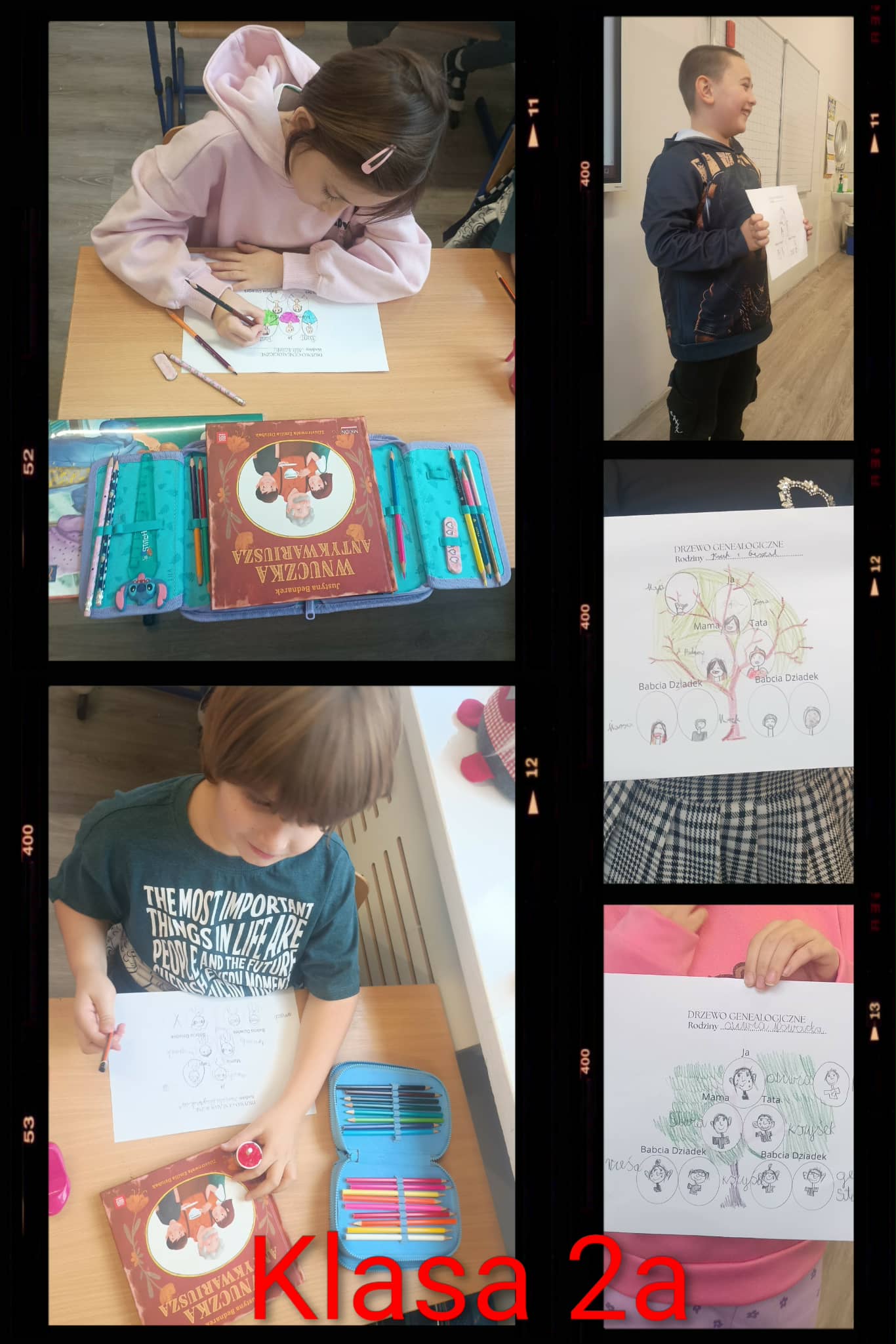 Kolaż ze zdjęć na którym uczniowie klasy 2a rysują oraz prezentują drzewa genealogiczne swojej rodziny