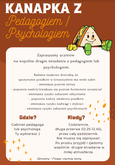 Plakat informujący o akcji Kanapka z pedagogiem i psychologiem